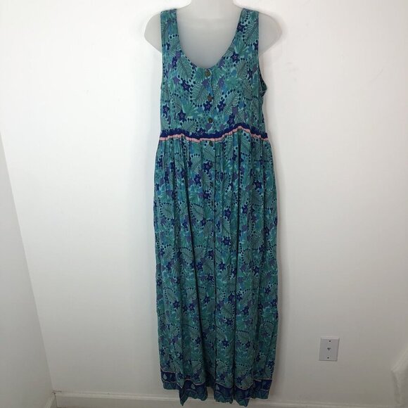 Vintage Rainbow Jo Maui Hawaii Tropical Sleeveless Maxi Dress Sz M Button Front - Picture 1 of 15